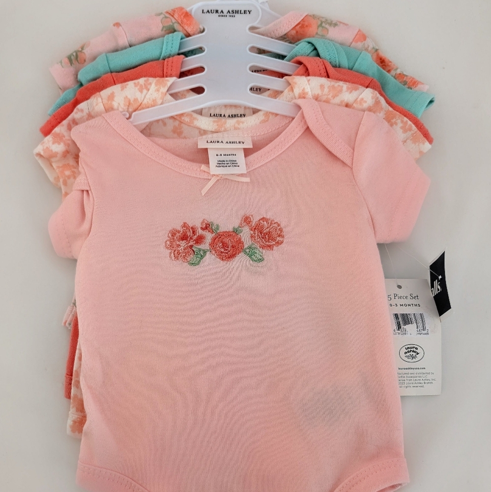 Laura Ashley Pink and Coral Floral Baby Bodysuit Set
